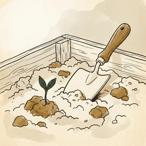 Close line illustration of turned garden soil, a bed edge, and a trowel