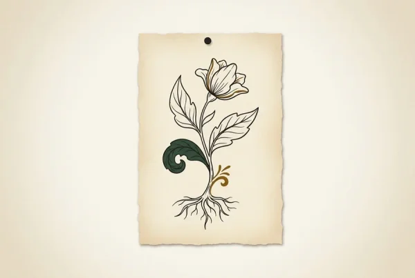 Line-illustrated herbarium-style specimen plate of a single stylized plant, pinned to a mounting card